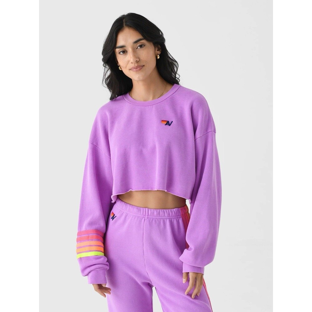 Aviator Nation Lavender Cropped Sweatshirt with Rainbow Stripe - Picture 2 of 9